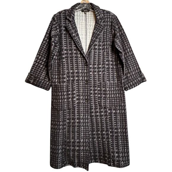 Comfy USA Navy Textured Checked Longline Button Up Blazer Jacket Women Sz S Chic - Picture 1 of 16